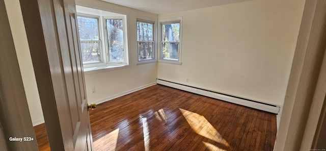 unfurnished room featuring dark hardwood / wood-style flooring and baseboard heating