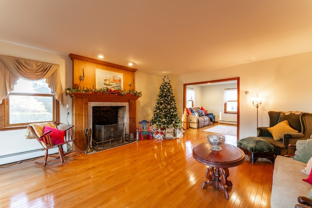 living room featuring hardwood / wood-style floors and baseboard heating