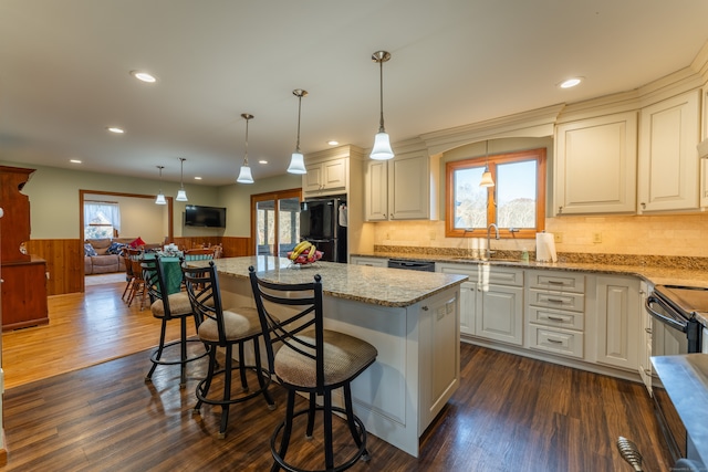 kitchen with plenty of natural light, dark hardwood / wood-style floors, a kitchen bar, and stainless steel appliances