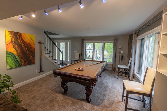 playroom with rail lighting, billiards, baseboards, and carpet