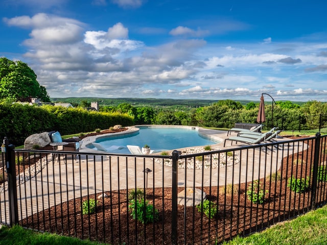 view of pool with a fenced in pool, a patio area, and fence