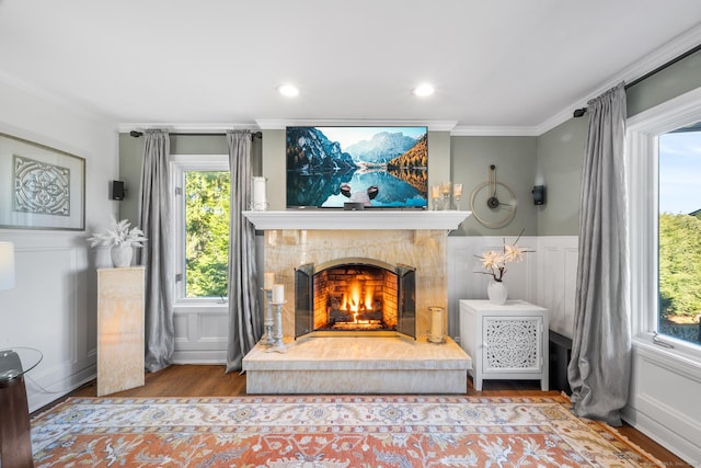 sitting room with plenty of natural light, wood finished floors, a warm lit fireplace, ornamental molding, and a decorative wall