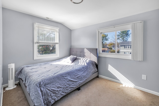 bedroom featuring carpet, multiple windows, and lofted ceiling