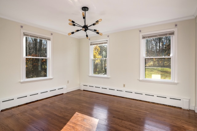 unfurnished room with dark hardwood / wood-style floors, a healthy amount of sunlight, and a baseboard heating unit