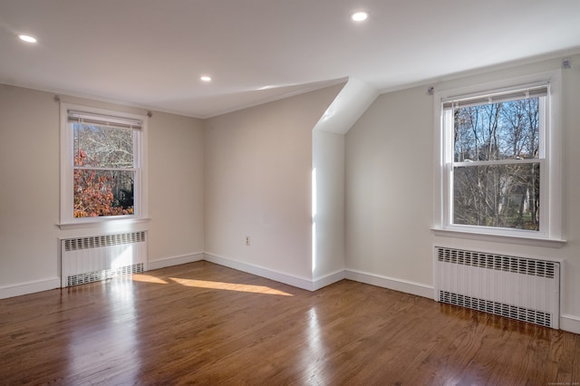 additional living space with radiator, hardwood / wood-style floors, and a healthy amount of sunlight