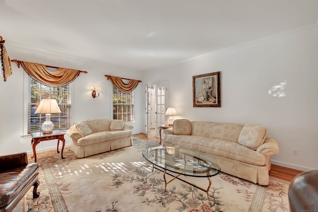 living room featuring light hardwood / wood-style floors and crown molding