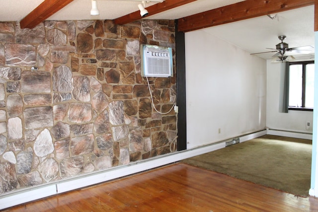 interior details with ceiling fan, hardwood / wood-style flooring, beamed ceiling, and a wall mounted air conditioner