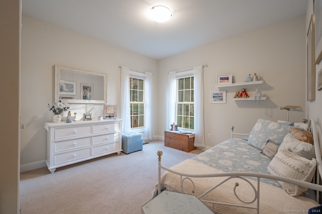 bedroom with light carpet