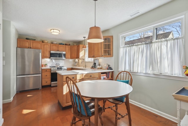 kitchen featuring tasteful backsplash, stainless steel appliances, sink, decorative light fixtures, and dark hardwood / wood-style floors