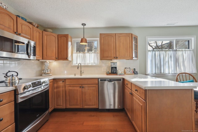 kitchen featuring a wealth of natural light, dark hardwood / wood-style flooring, stainless steel appliances, and hanging light fixtures