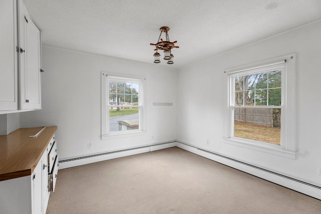 unfurnished dining area featuring carpet floors and a textured ceiling