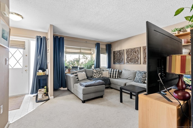 carpeted living room featuring a textured ceiling