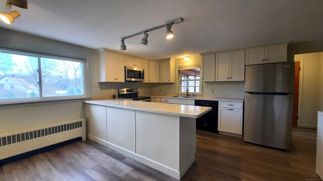 kitchen with kitchen peninsula, appliances with stainless steel finishes, a healthy amount of sunlight, and radiator