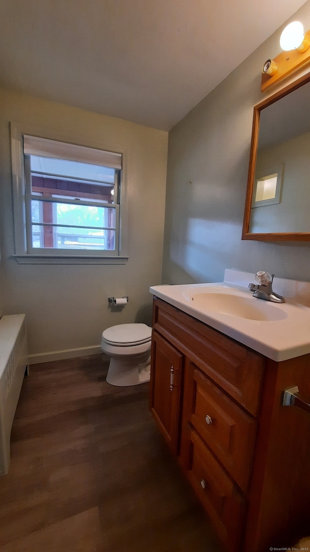 bathroom with hardwood / wood-style flooring, vanity, and toilet