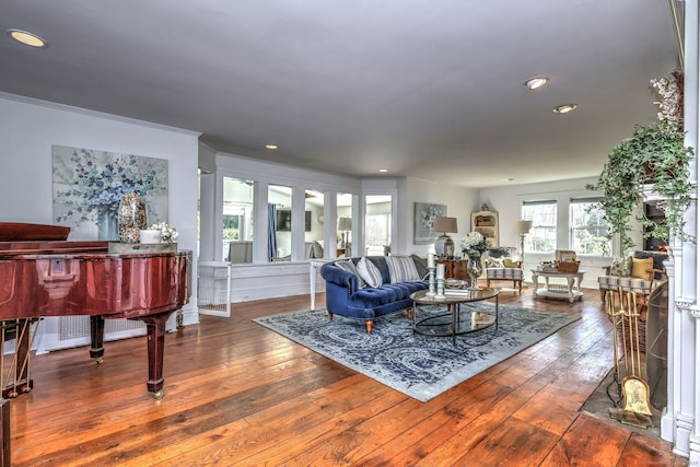 living room with crown molding and hardwood / wood-style flooring