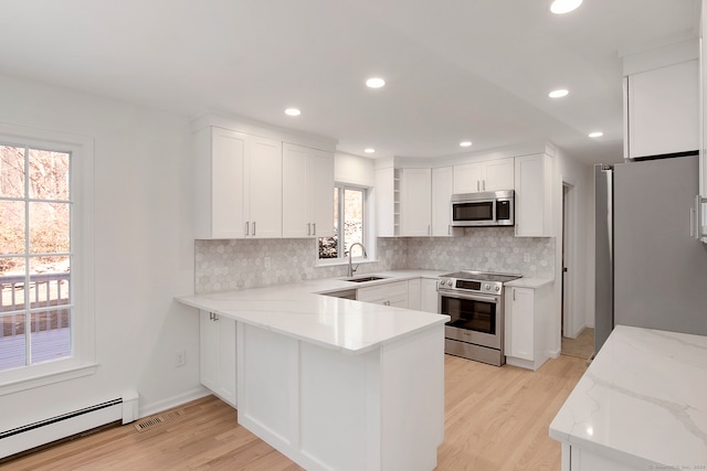 kitchen with white cabinets, a baseboard heating unit, stainless steel appliances, and plenty of natural light