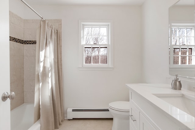 full bathroom with a baseboard radiator, tile patterned flooring, toilet, vanity, and shower / tub combo