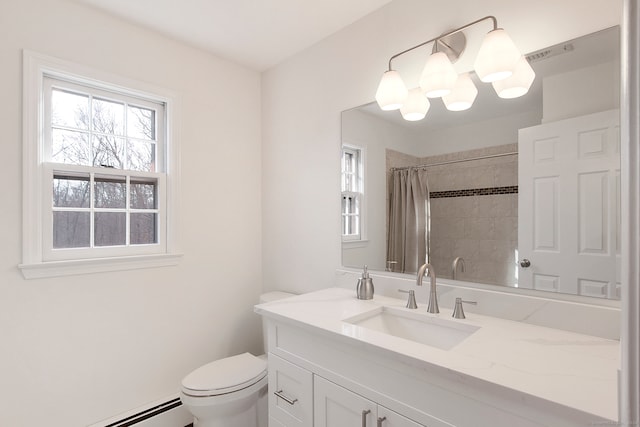 bathroom with a shower with curtain, a baseboard heating unit, a chandelier, toilet, and vanity