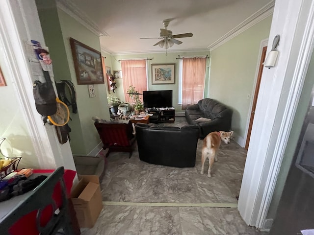 living room with ceiling fan and crown molding