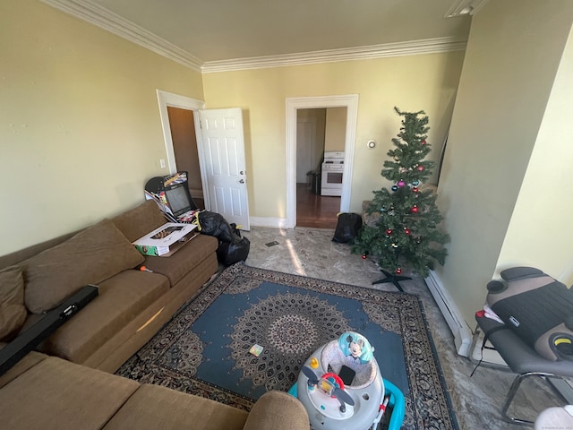 living room with ornamental molding