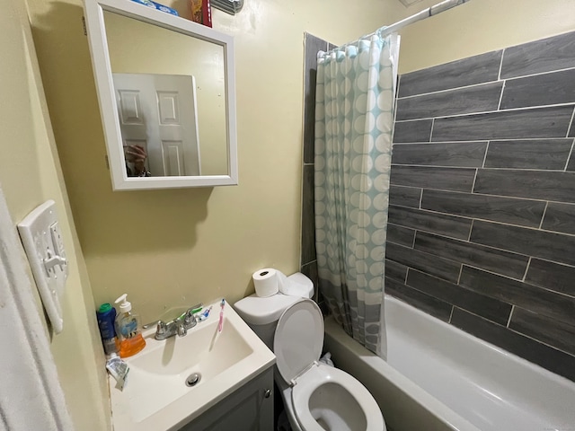 full bathroom with vanity, toilet, and shower / bathtub combination with curtain