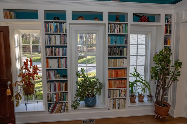 doorway to outside featuring plenty of natural light, built in shelves, and visible vents