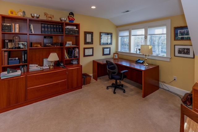 home office with visible vents, recessed lighting, carpet floors, and vaulted ceiling