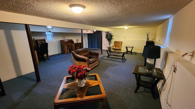 living room featuring carpet floors and a textured ceiling