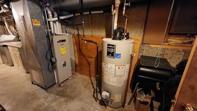 utility room featuring heating unit and water heater