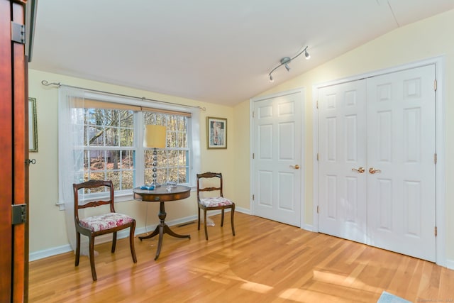 living area with hardwood / wood-style floors and lofted ceiling