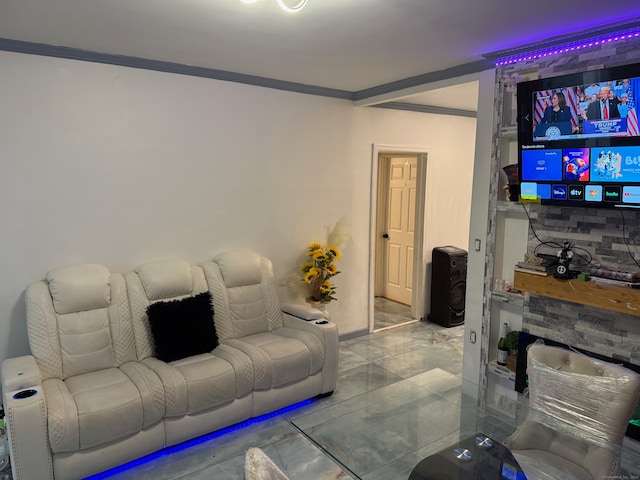 living room featuring crown molding