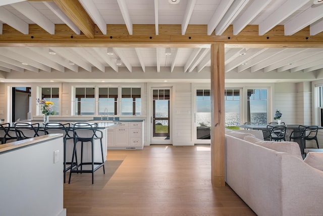 interior space with beam ceiling, light hardwood / wood-style flooring, and a wealth of natural light