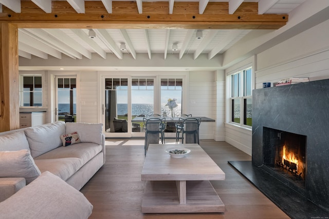 living room with a premium fireplace, beam ceiling, wooden walls, and a water view