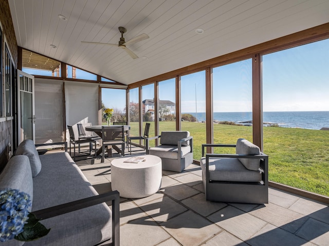 sunroom with wooden ceiling, ceiling fan, vaulted ceiling, and a water view