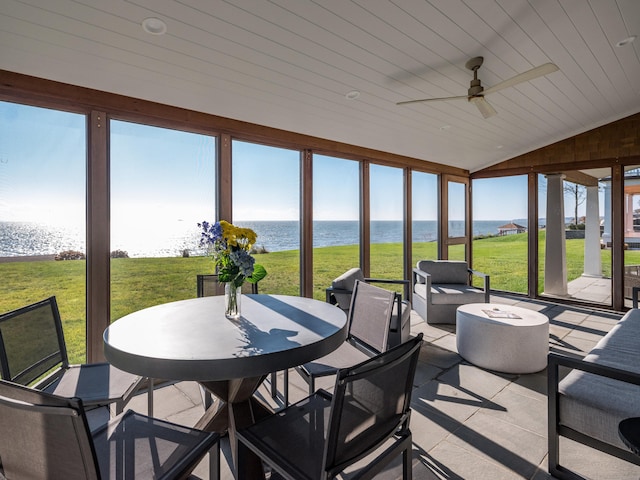 sunroom / solarium with lofted ceiling, ceiling fan, wooden ceiling, and a water view