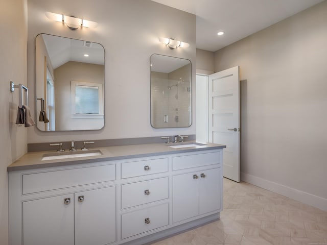 bathroom with vanity and walk in shower