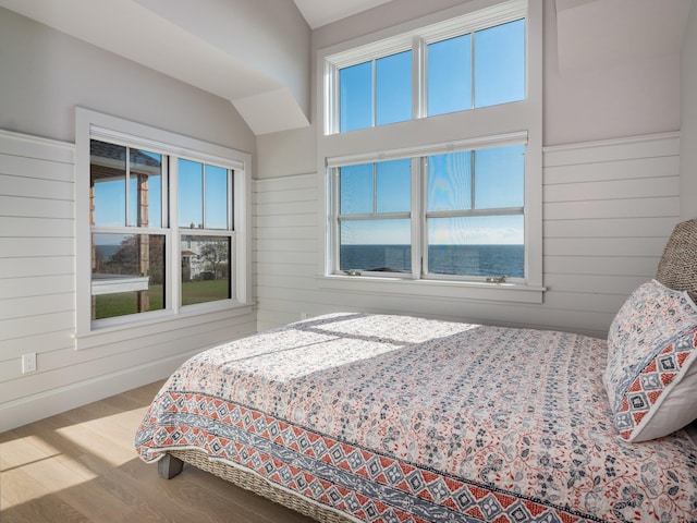 bedroom featuring multiple windows, wood walls, and hardwood / wood-style flooring