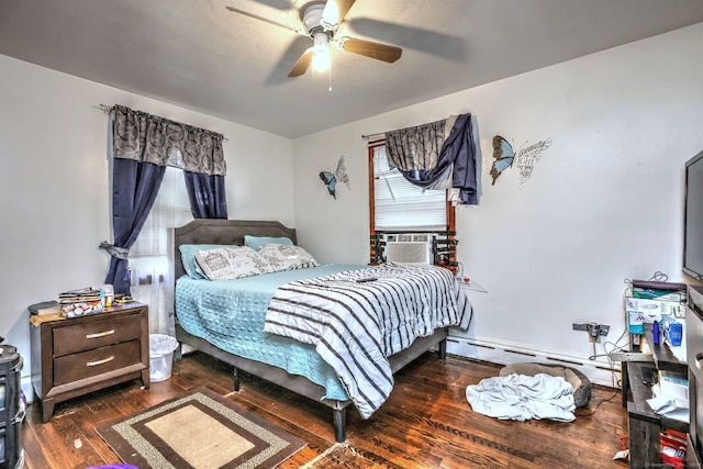 bedroom with cooling unit, ceiling fan, and dark wood-type flooring