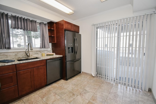 kitchen with crown molding, sink, a healthy amount of sunlight, and appliances with stainless steel finishes