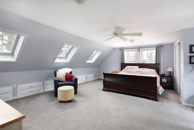 carpeted bedroom featuring baseboard heating, ceiling fan, and lofted ceiling with skylight