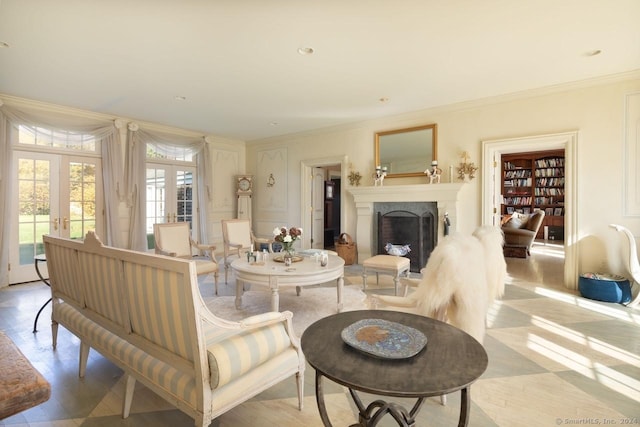 10 N Beaver Dam Rd, Salisbury, CT 06068 - living room with a fireplace, french doors, and crown molding