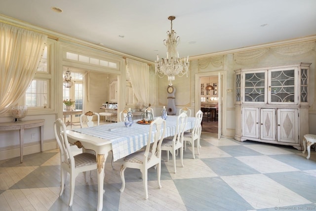 10 N Beaver Dam Rd, Salisbury, CT 06068 - dining space with a chandelier, light flooring, and ornamental molding
