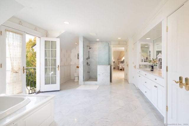 10 N Beaver Dam Rd, Salisbury, CT 06068 - bathroom with tiled shower, vanity, a bath, marble finish flooring, and wainscoting