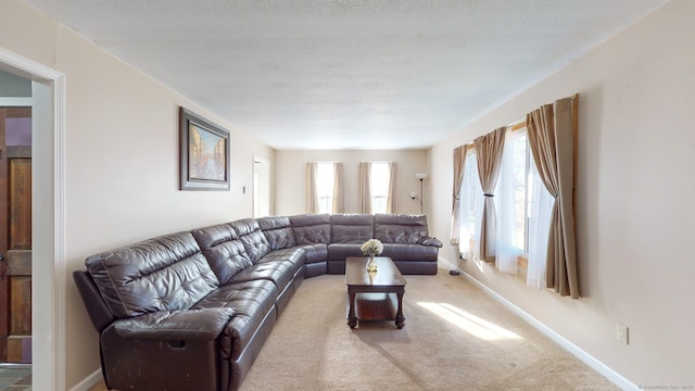 carpeted living room with a textured ceiling