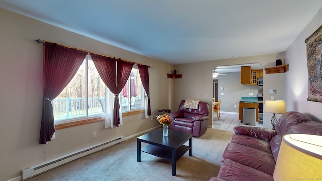 carpeted living room featuring a baseboard radiator