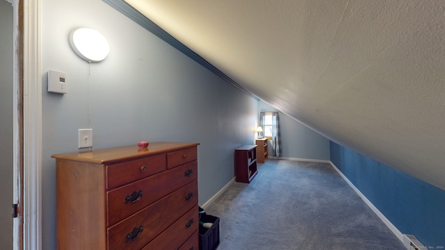 bonus room with a textured ceiling, carpet floors, and vaulted ceiling