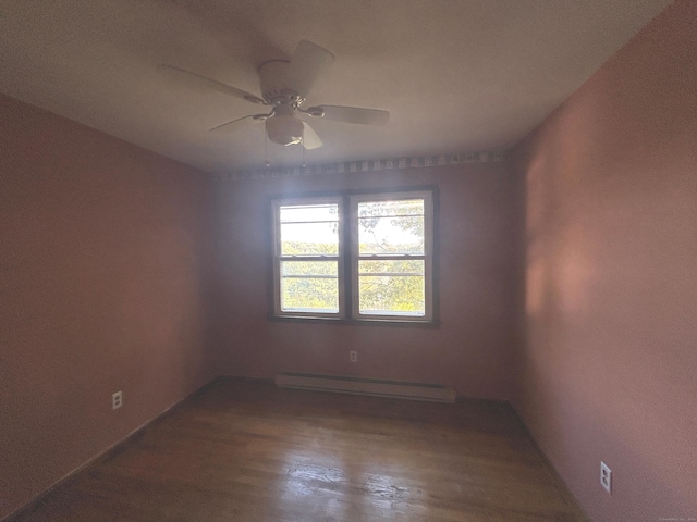 spare room with hardwood / wood-style flooring, a baseboard radiator, and ceiling fan