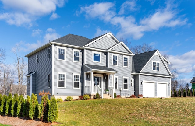 view of front of house featuring a garage and a front lawn