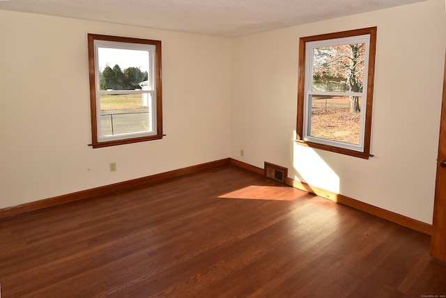 unfurnished room featuring a textured ceiling, dark hardwood / wood-style flooring, and plenty of natural light