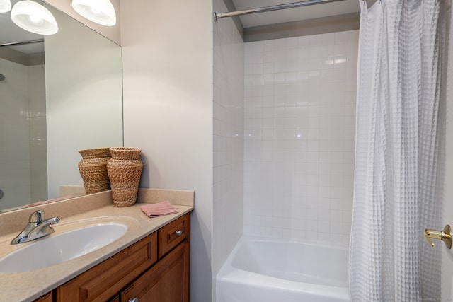 bathroom with vanity and shower / bathtub combination with curtain